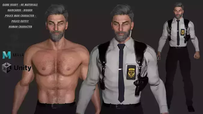 AAA 3D POLICE MAN GUN BADGE -REALISTIC RIG GAME READY CHARACTER Low-poly 3D model