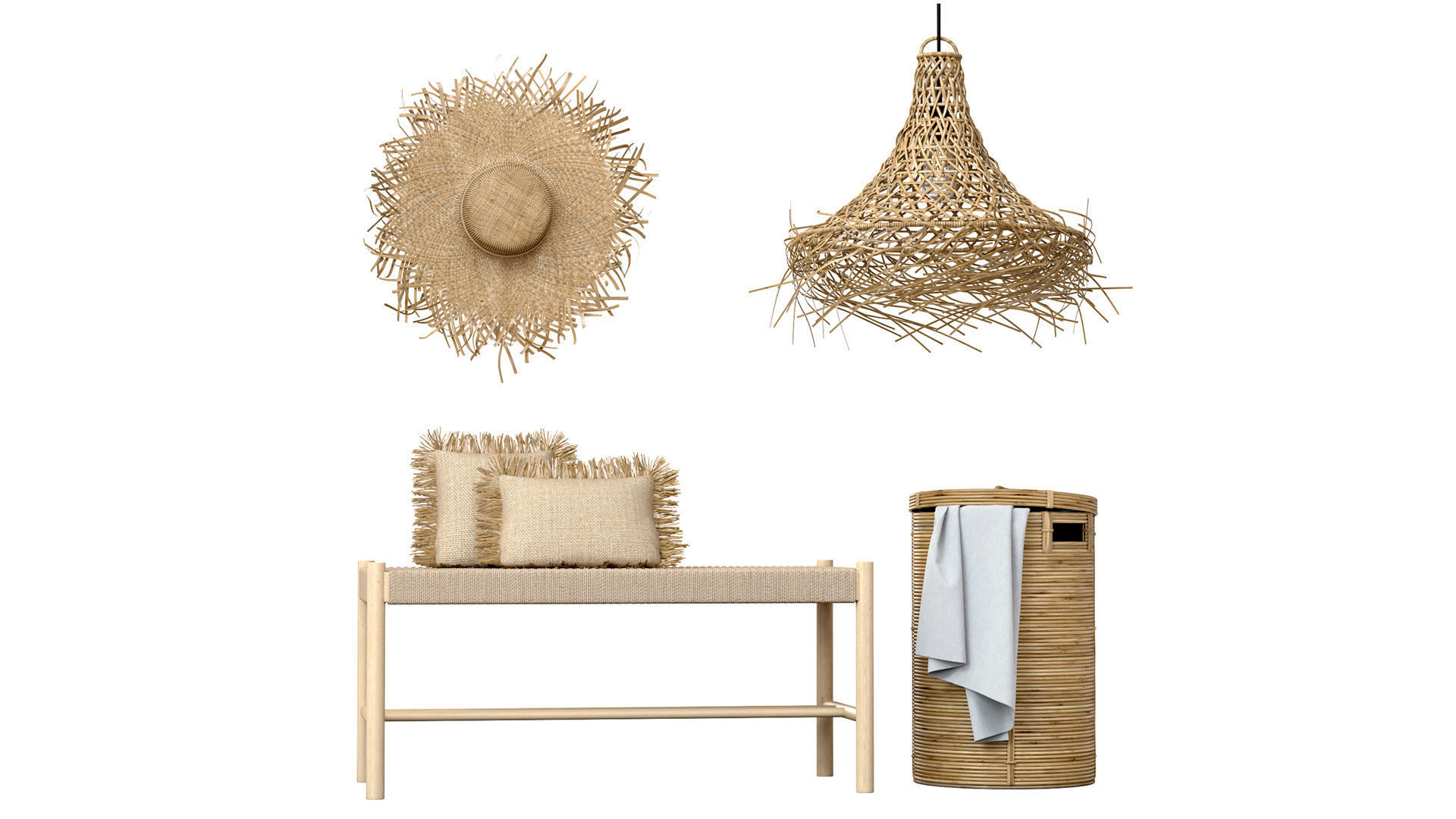 Wicker bamboo decor bathroom set 01 3D model_4