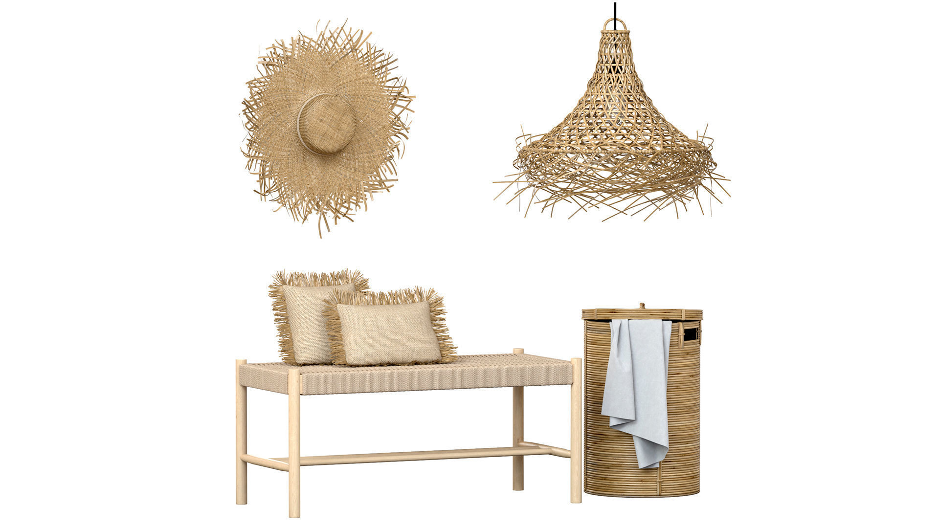 Wicker bamboo decor bathroom set 01 3D model_2