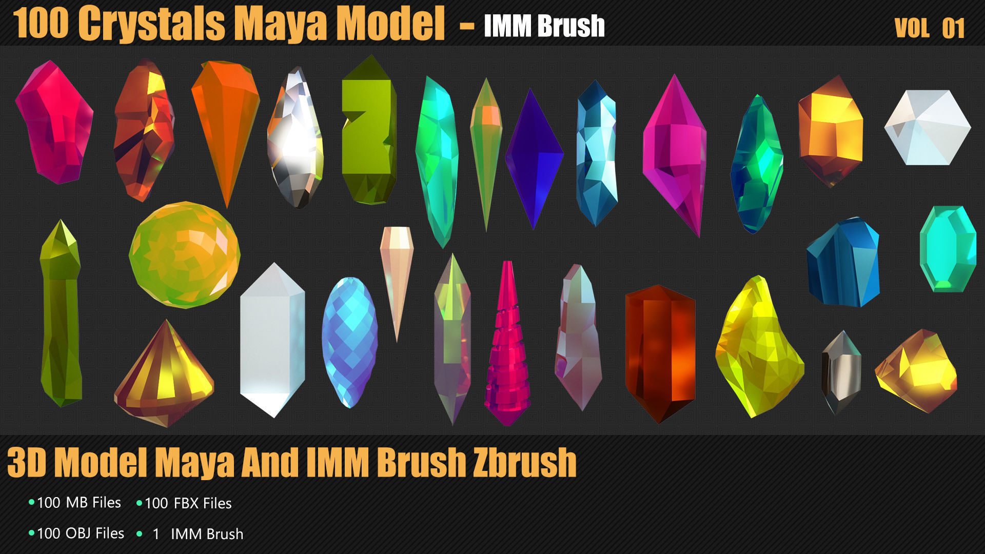100 Crystals 3D Model And Brush Zbrush Low-poly 3D model_4