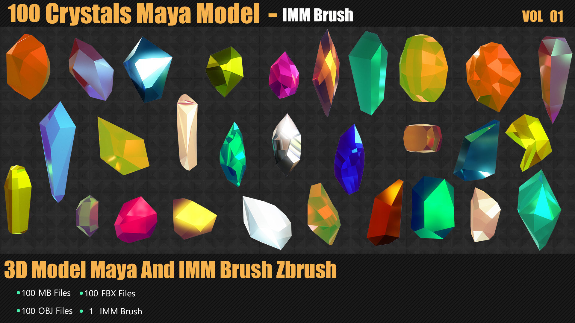 100 Crystals 3D Model And Brush Zbrush Low-poly 3D model_2