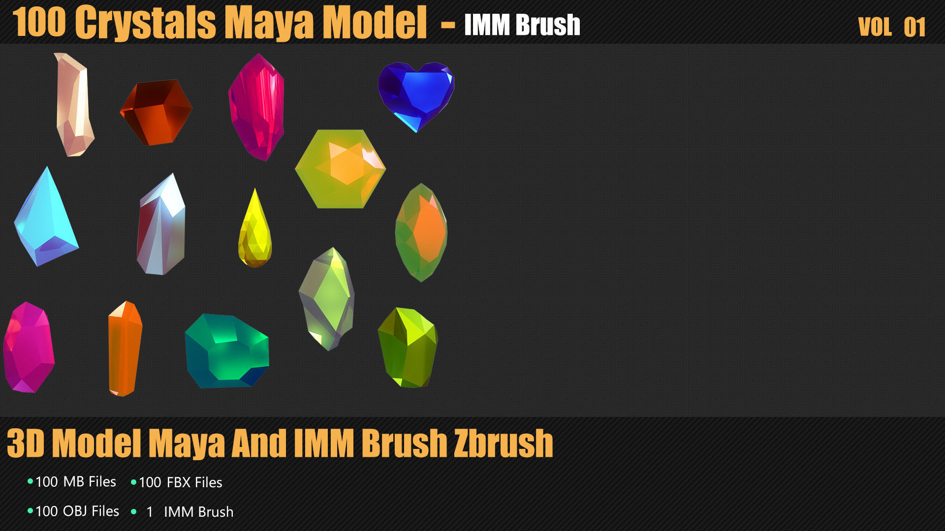 100 Crystals 3D Model And Brush Zbrush Low-poly 3D model_5