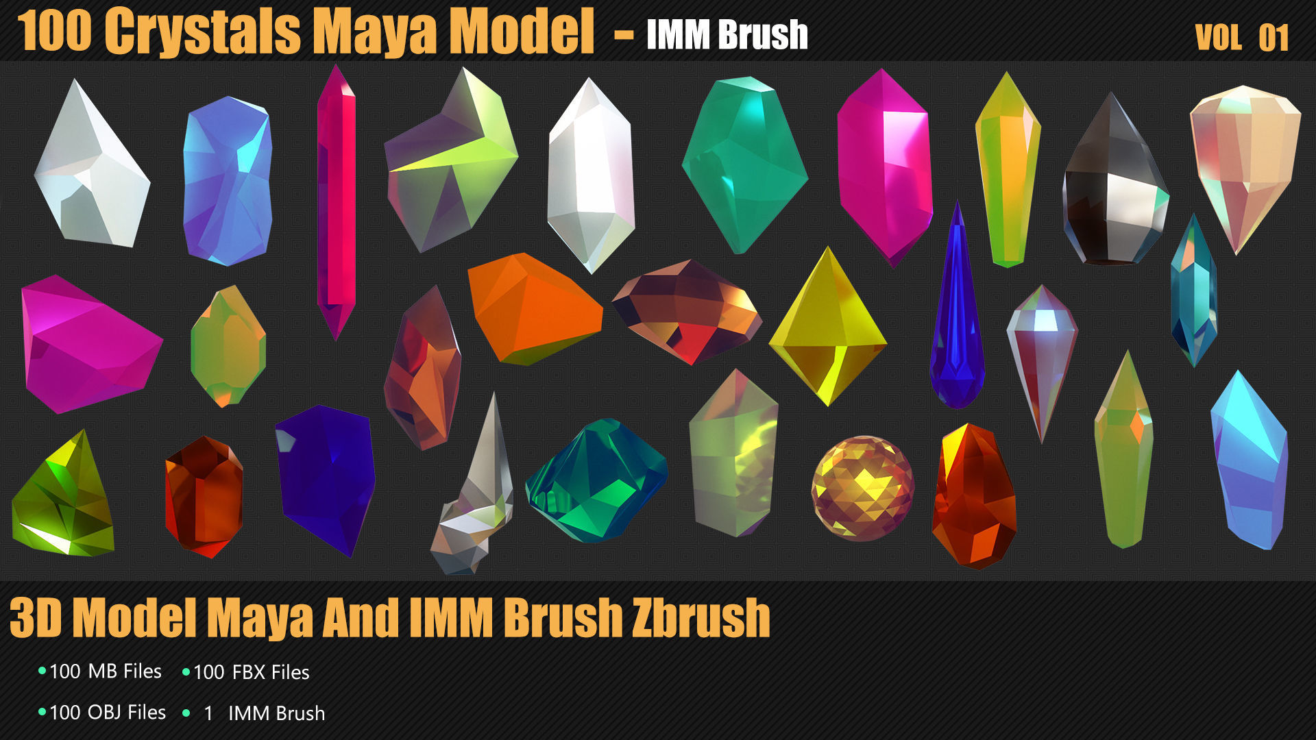 100 Crystals 3D Model And Brush Zbrush Low-poly 3D model_3