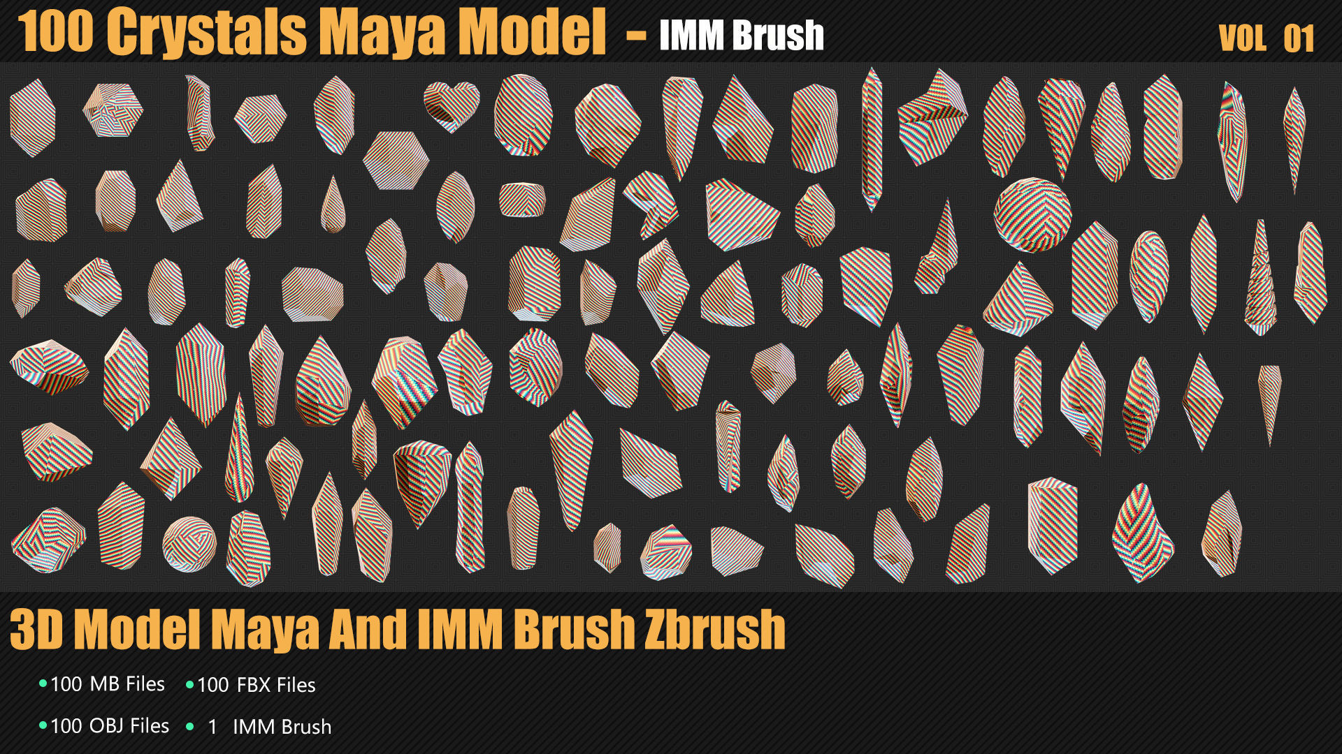 100 Crystals 3D Model And Brush Zbrush Low-poly 3D model_6