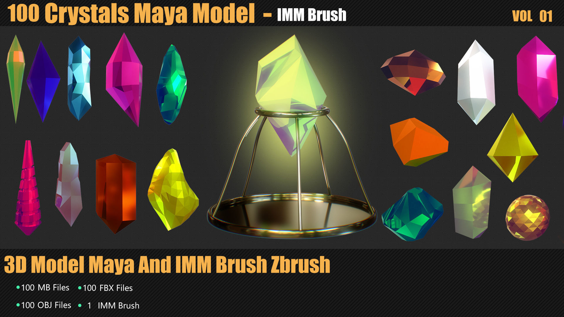 100 Crystals 3D Model And Brush Zbrush Low-poly 3D model_1