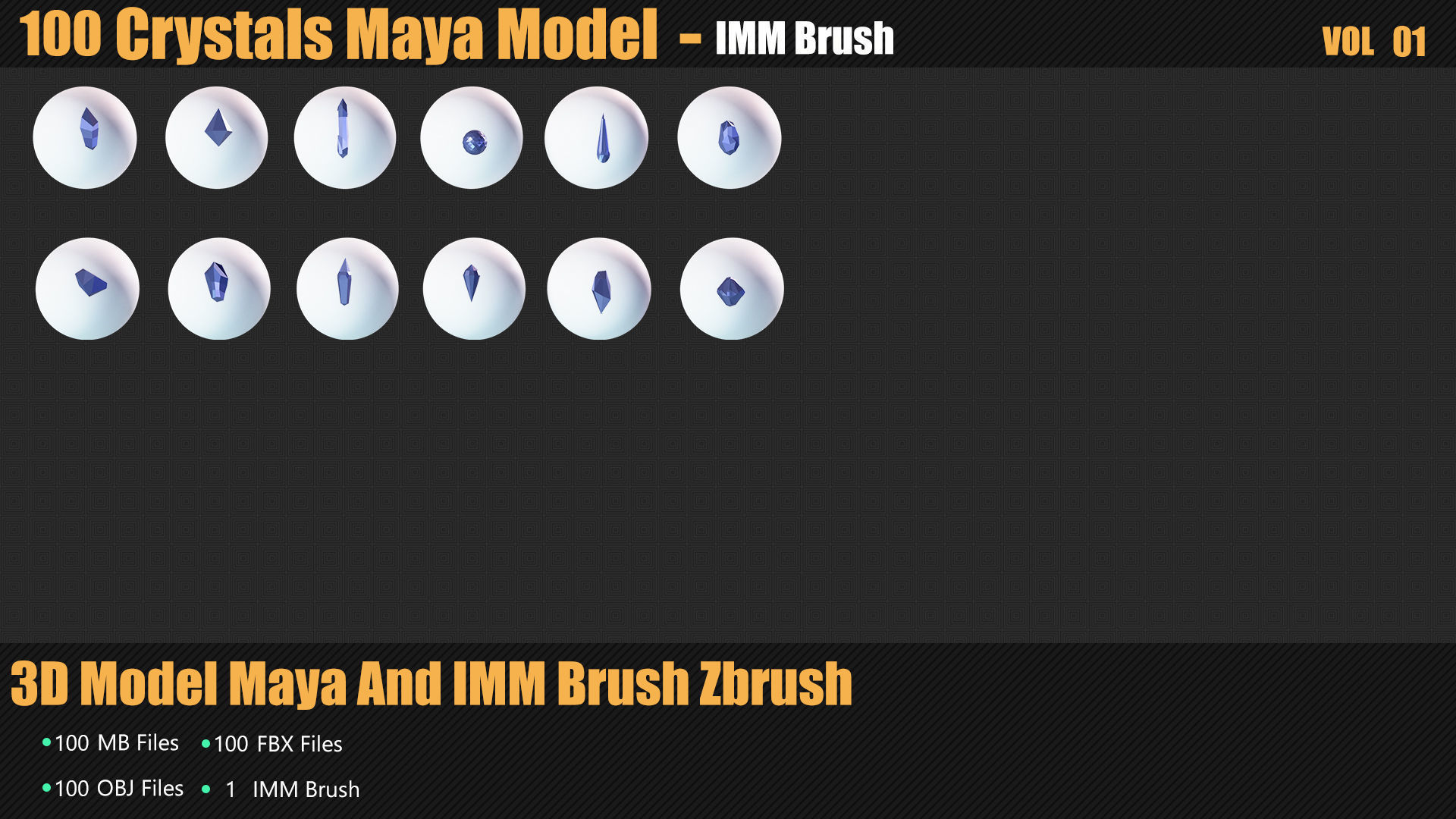 100 Crystals 3D Model And Brush Zbrush Low-poly 3D model_9