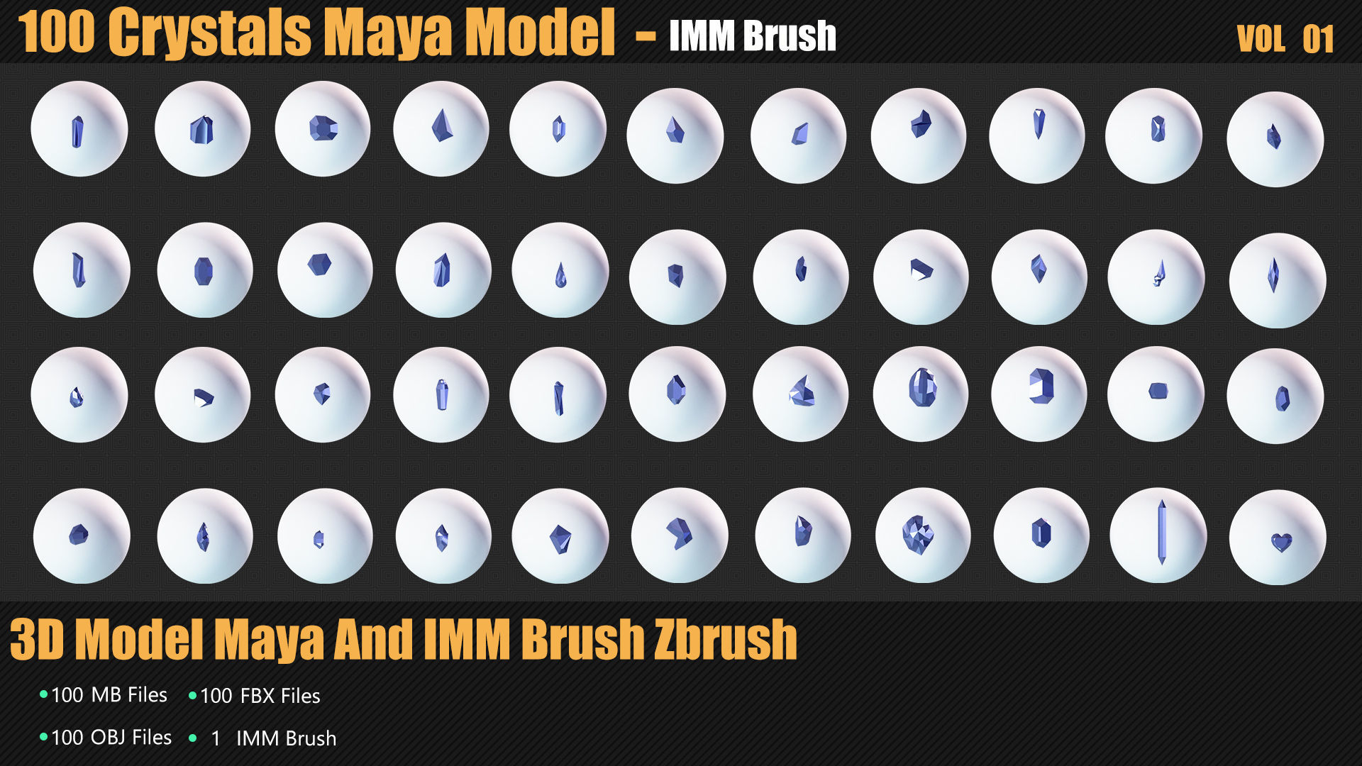 100 Crystals 3D Model And Brush Zbrush Low-poly 3D model_7
