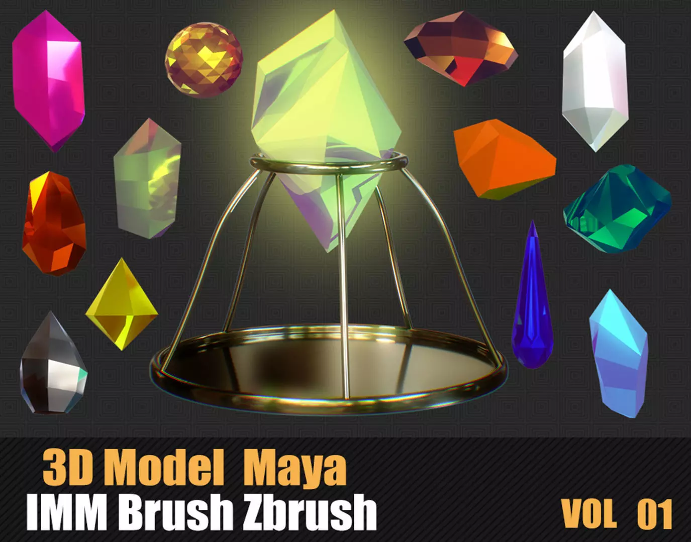 100 Crystals 3D Model And Brush Zbrush Low-poly 3D model_0