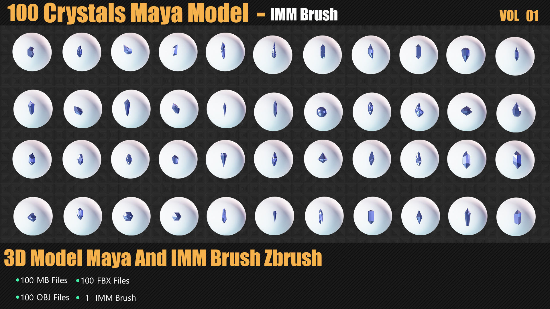 100 Crystals 3D Model And Brush Zbrush Low-poly 3D model_8