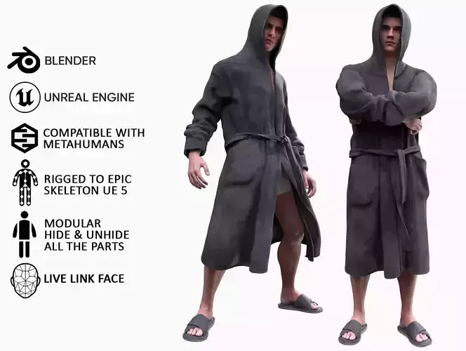 Man - Bathrobe - Modular - Rigged Low-poly 3D model
