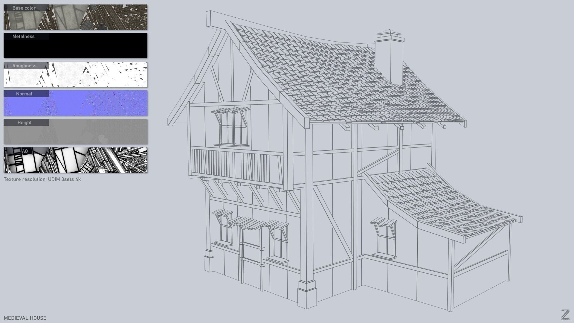 Medieval house Low-poly 3D model_2