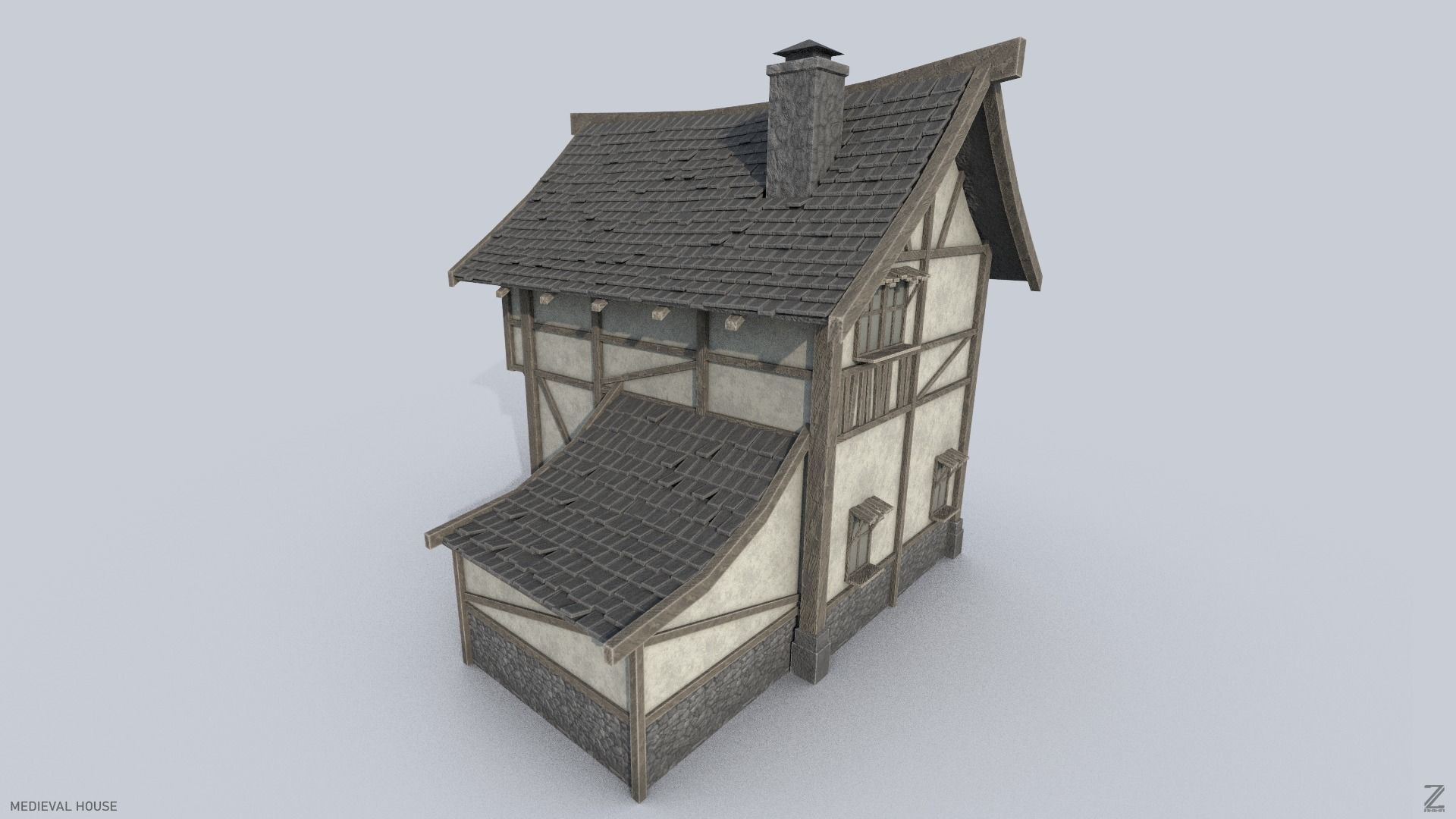 Medieval house Low-poly 3D model_3