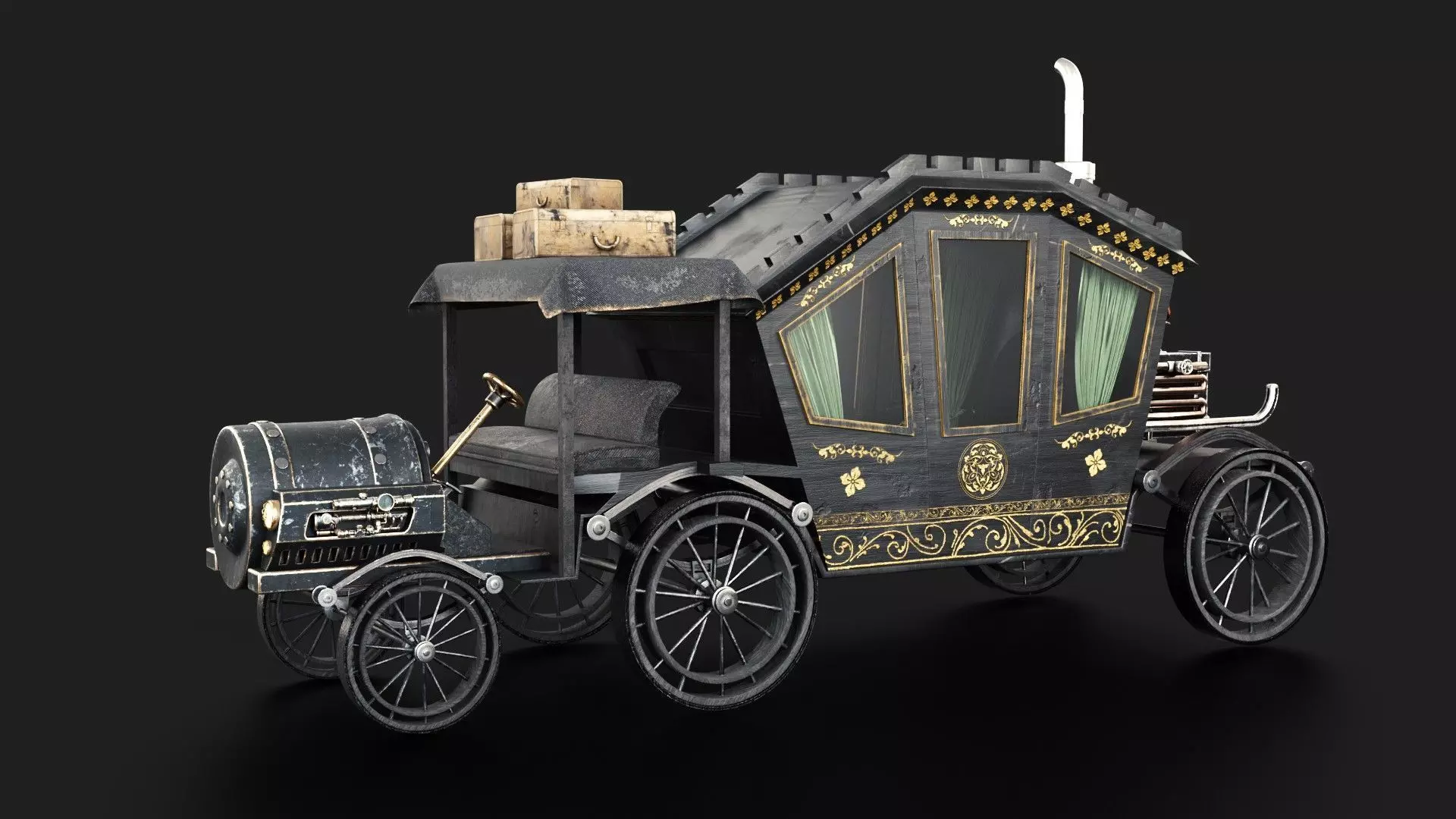 Steampunk Engine Old Medieval Carriage Low-poly 3D model