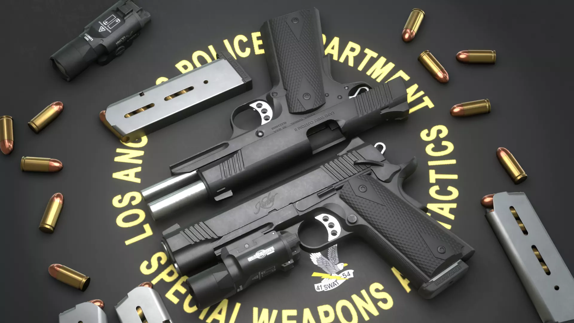 Kimber Custom TLE RL II 1911 and SureFire X300U-B - Game Asset Low-poly 3D model_0