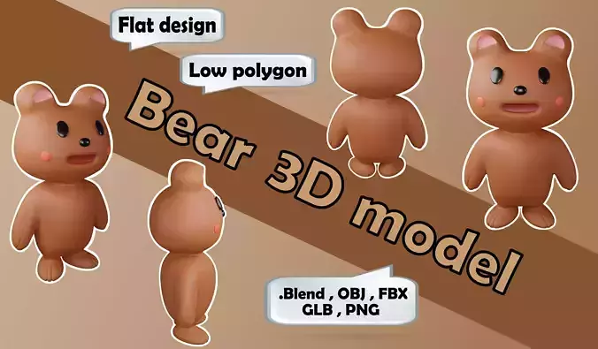 Brown cute bear 3D model flat design 