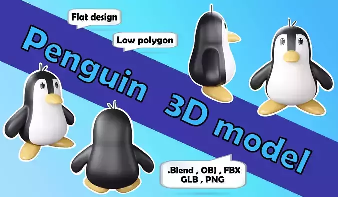 Cute penguin 3D model flat design 