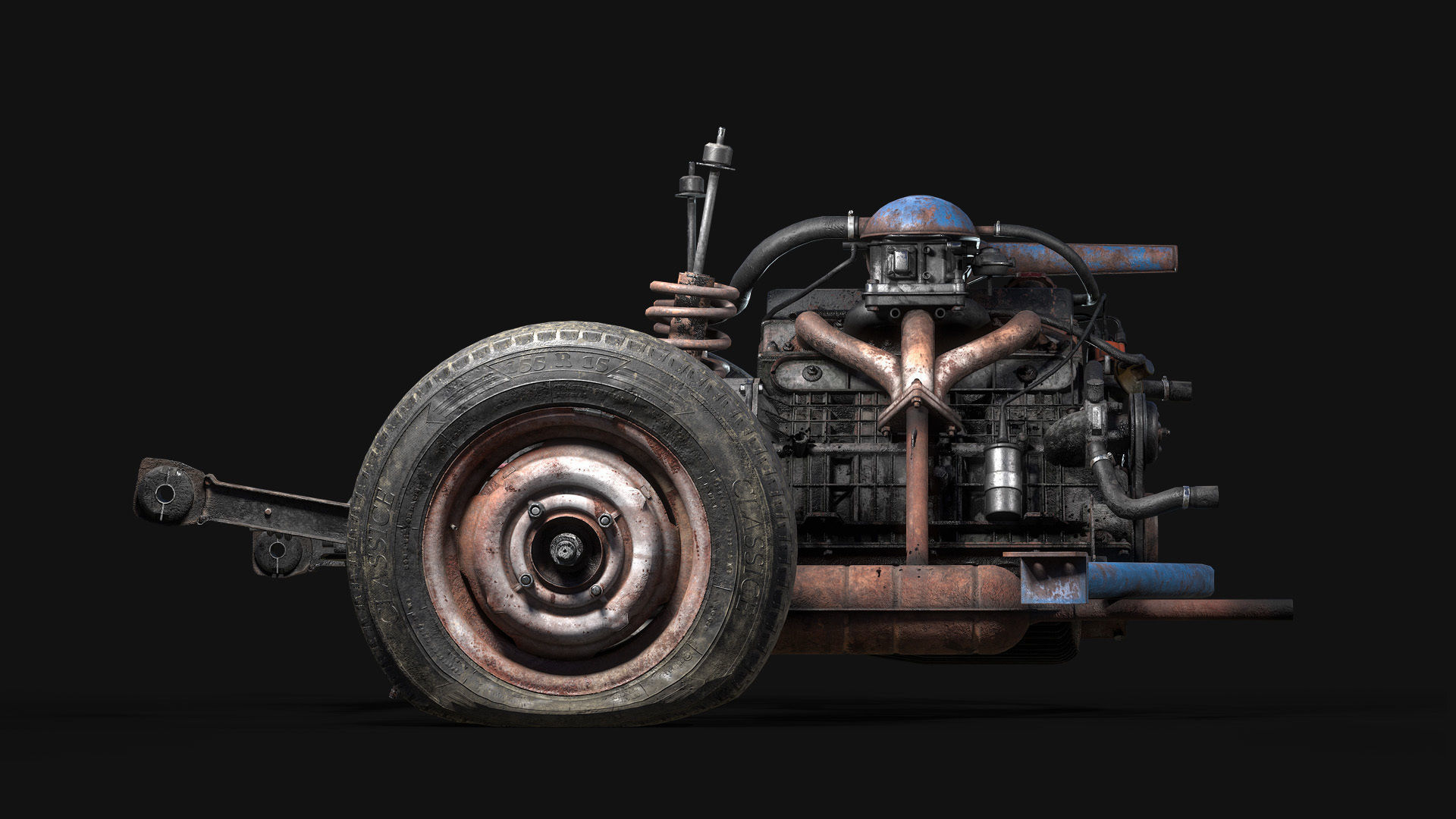 Old car engine Low-poly 3D model_16