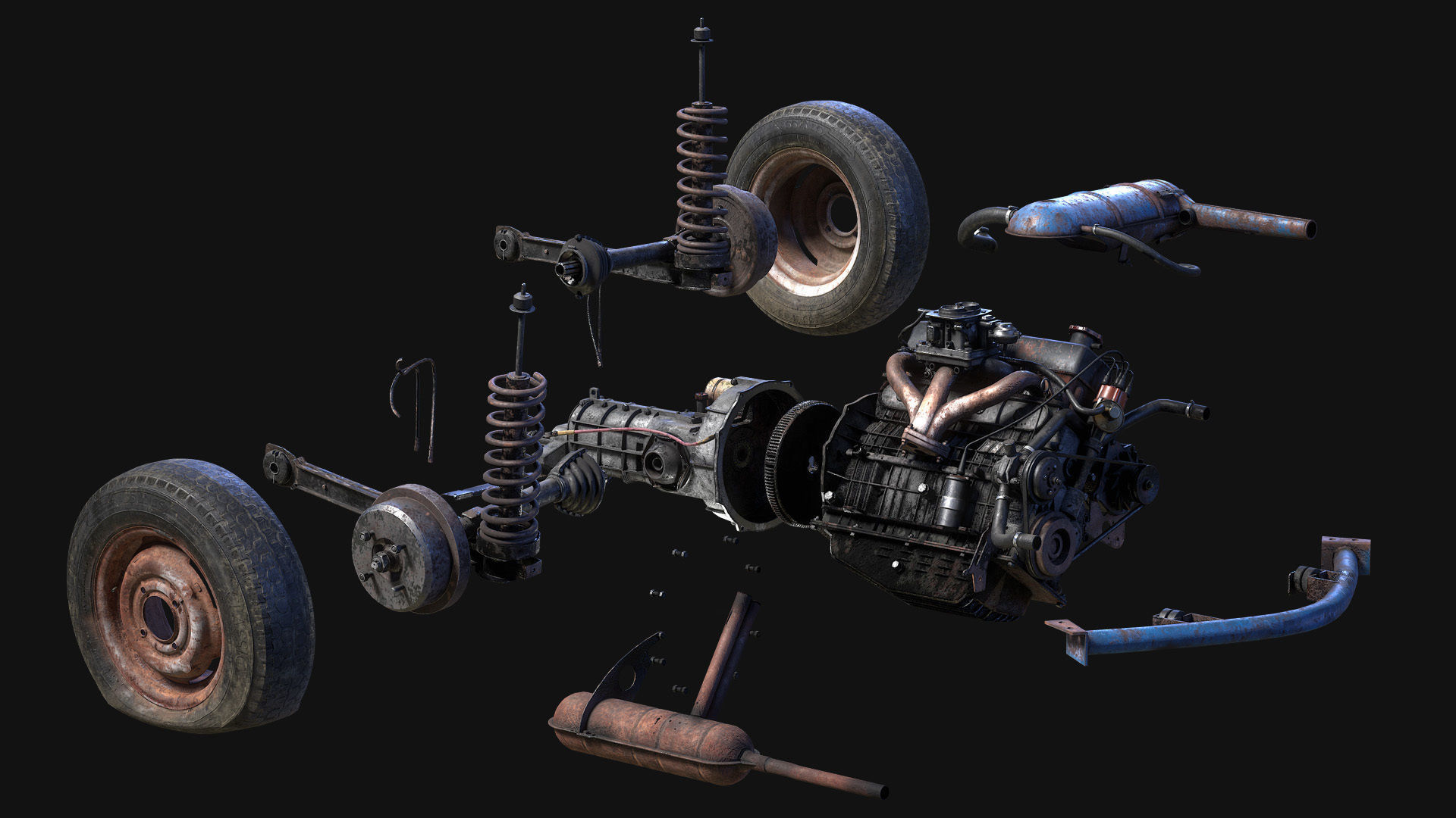 Old car engine Low-poly 3D model_7