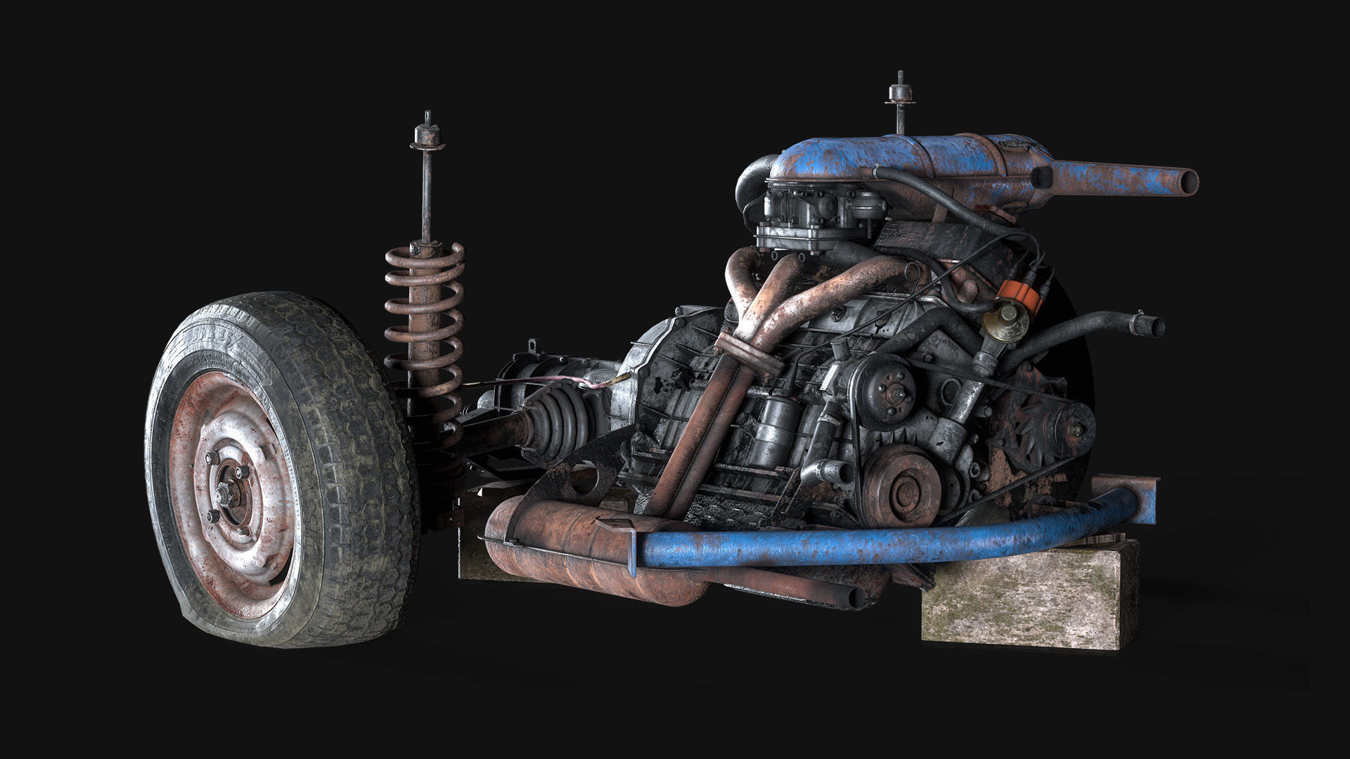 Old car engine Low-poly 3D model_2