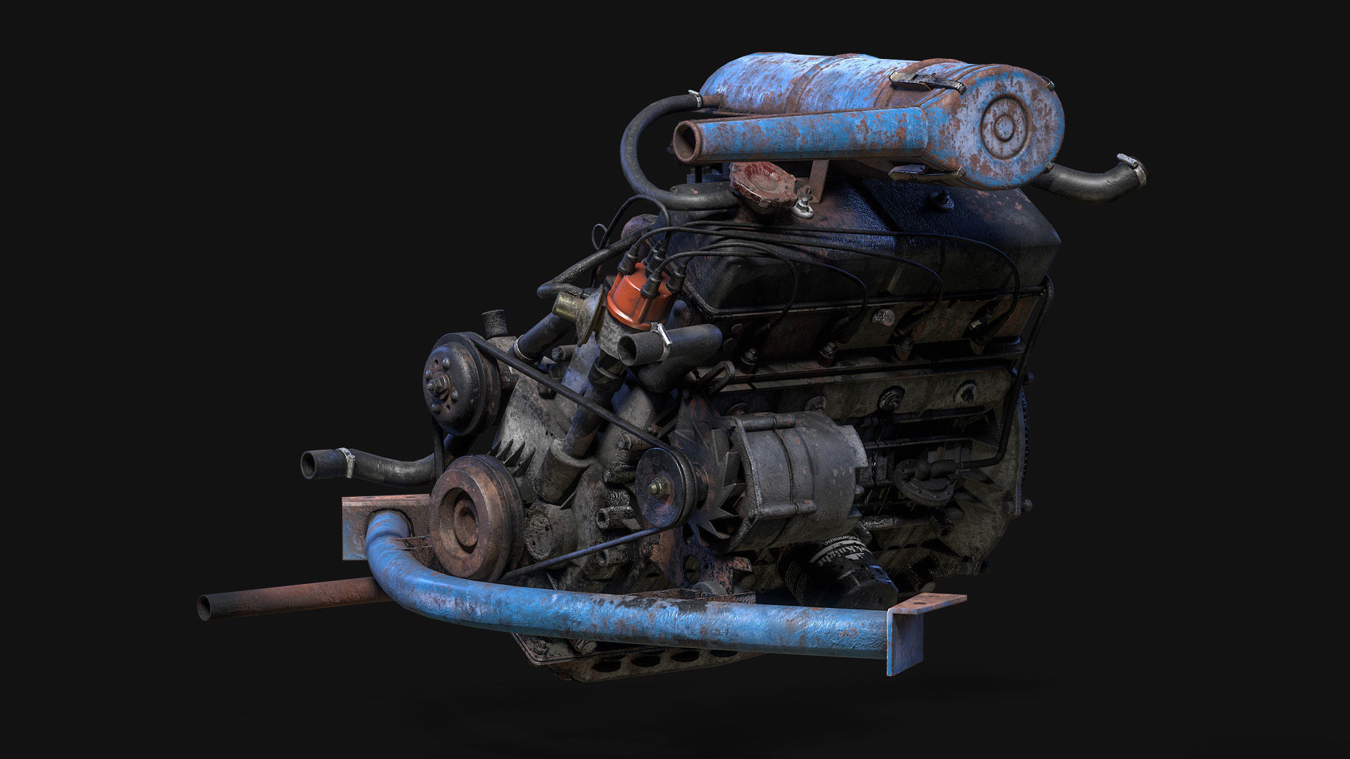 Old car engine Low-poly 3D model_13