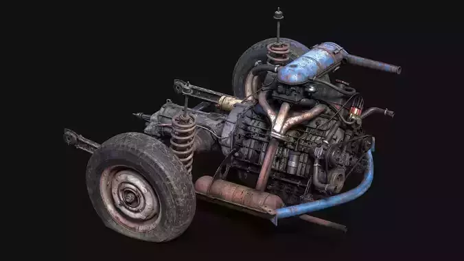 Old car engine Low-poly 3D model