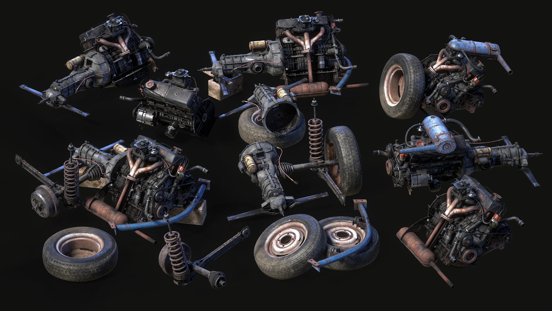 Old car engine Low-poly 3D model_4