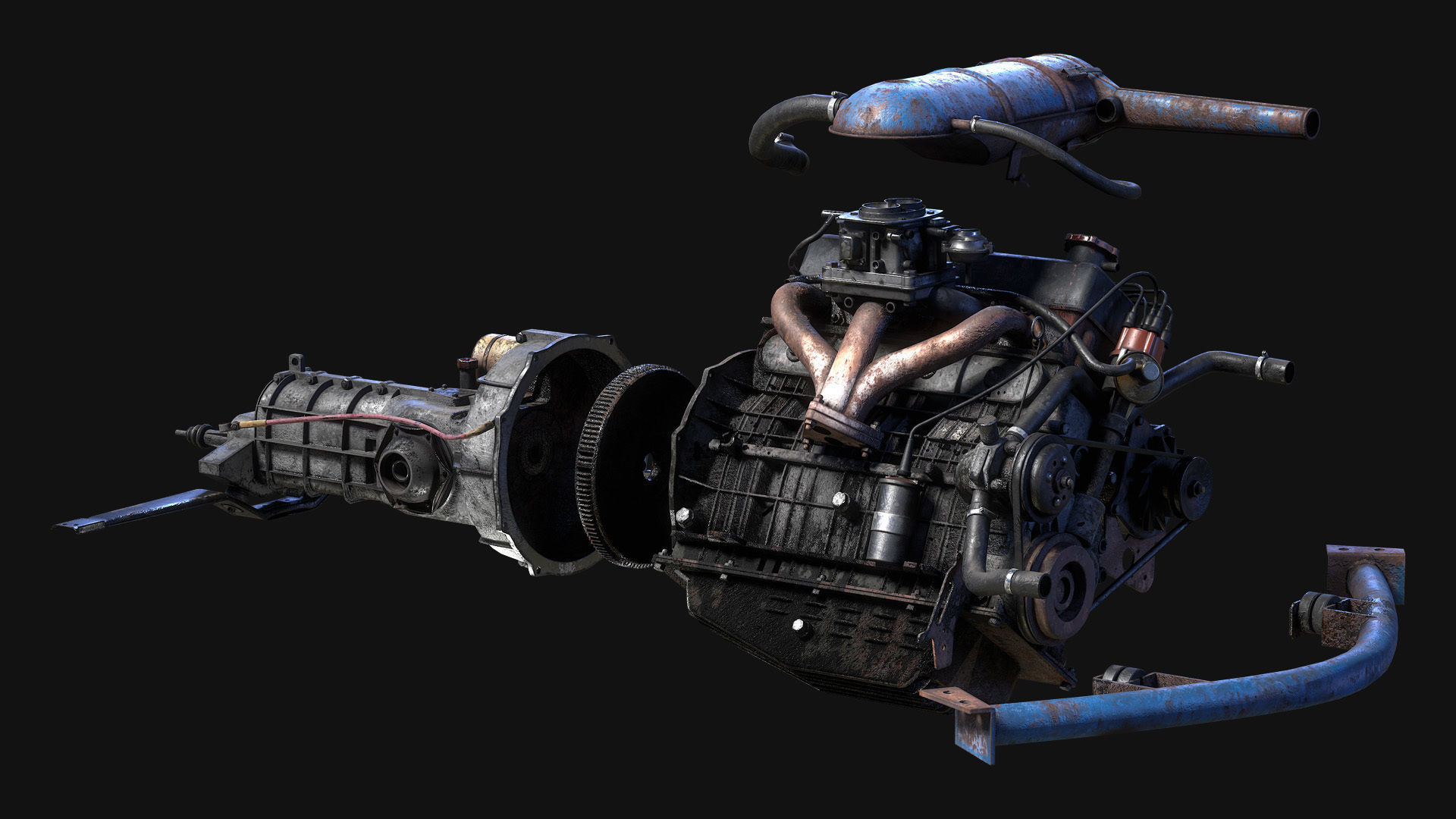 Old car engine Low-poly 3D model_5