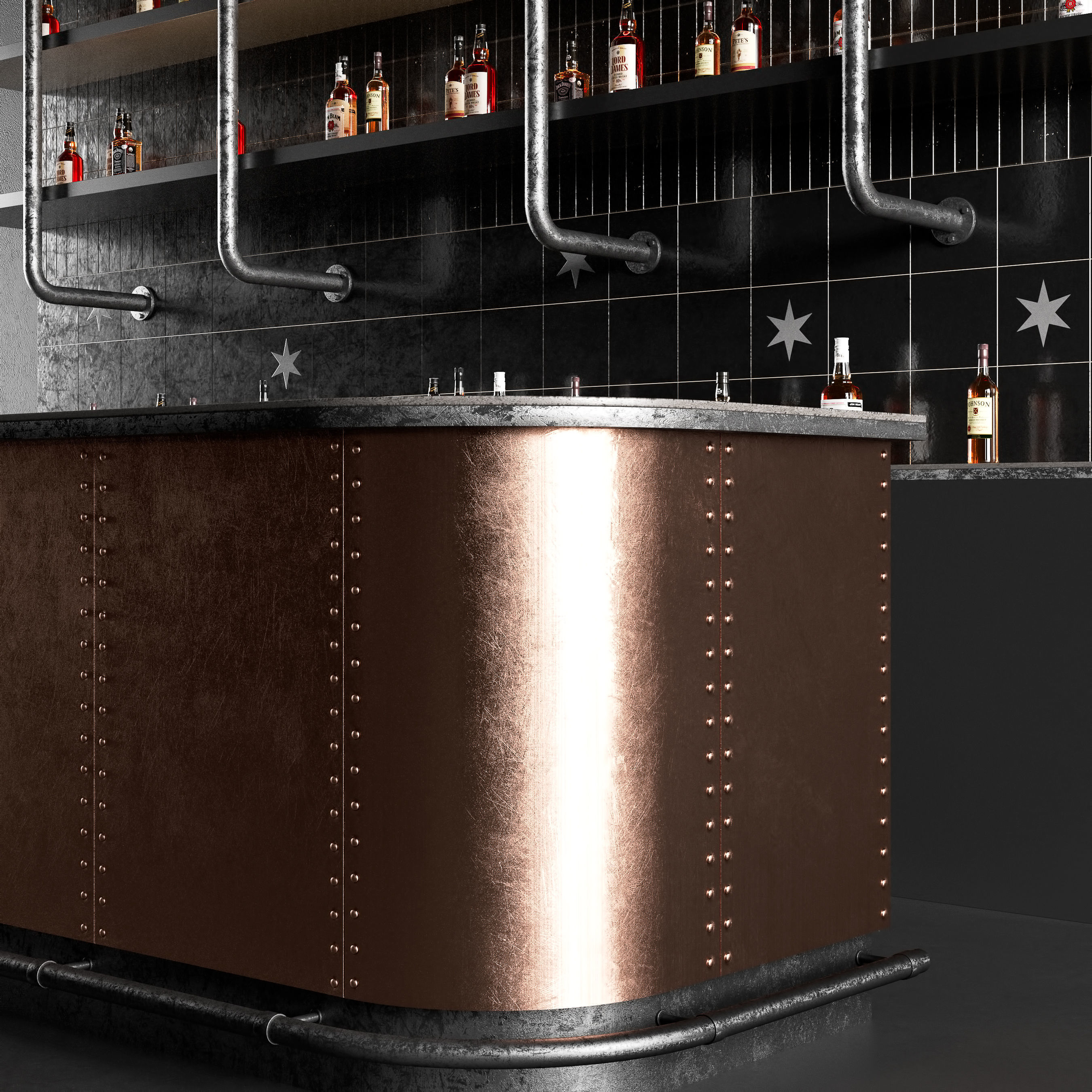 Bar Counter in Dark Colours with Bottles 3D model_5