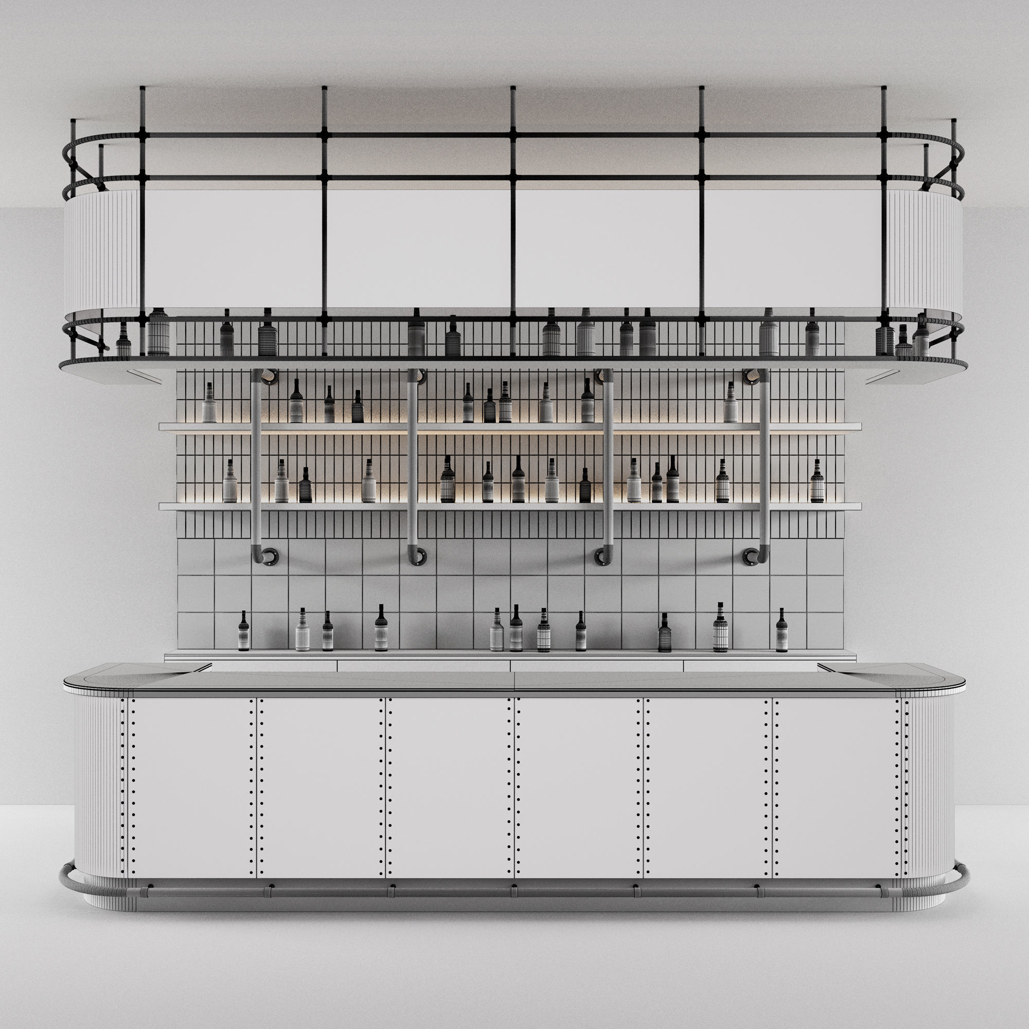 Bar Counter in Dark Colours with Bottles 3D model_9