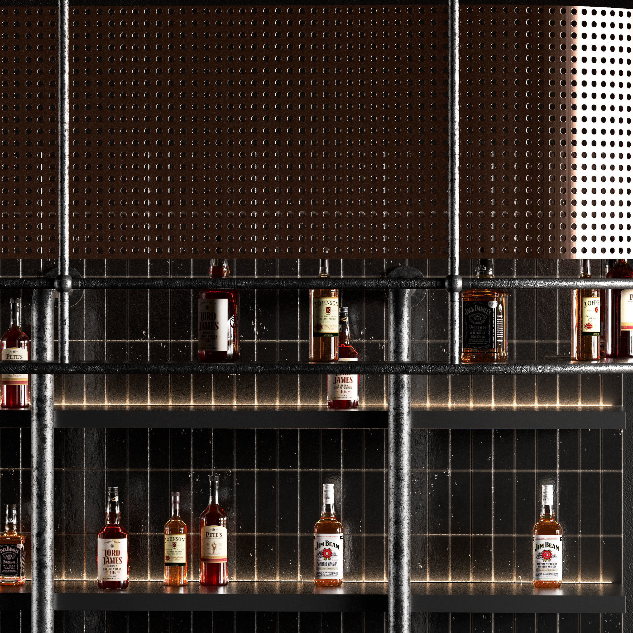 Bar Counter in Dark Colours with Bottles 3D model_6