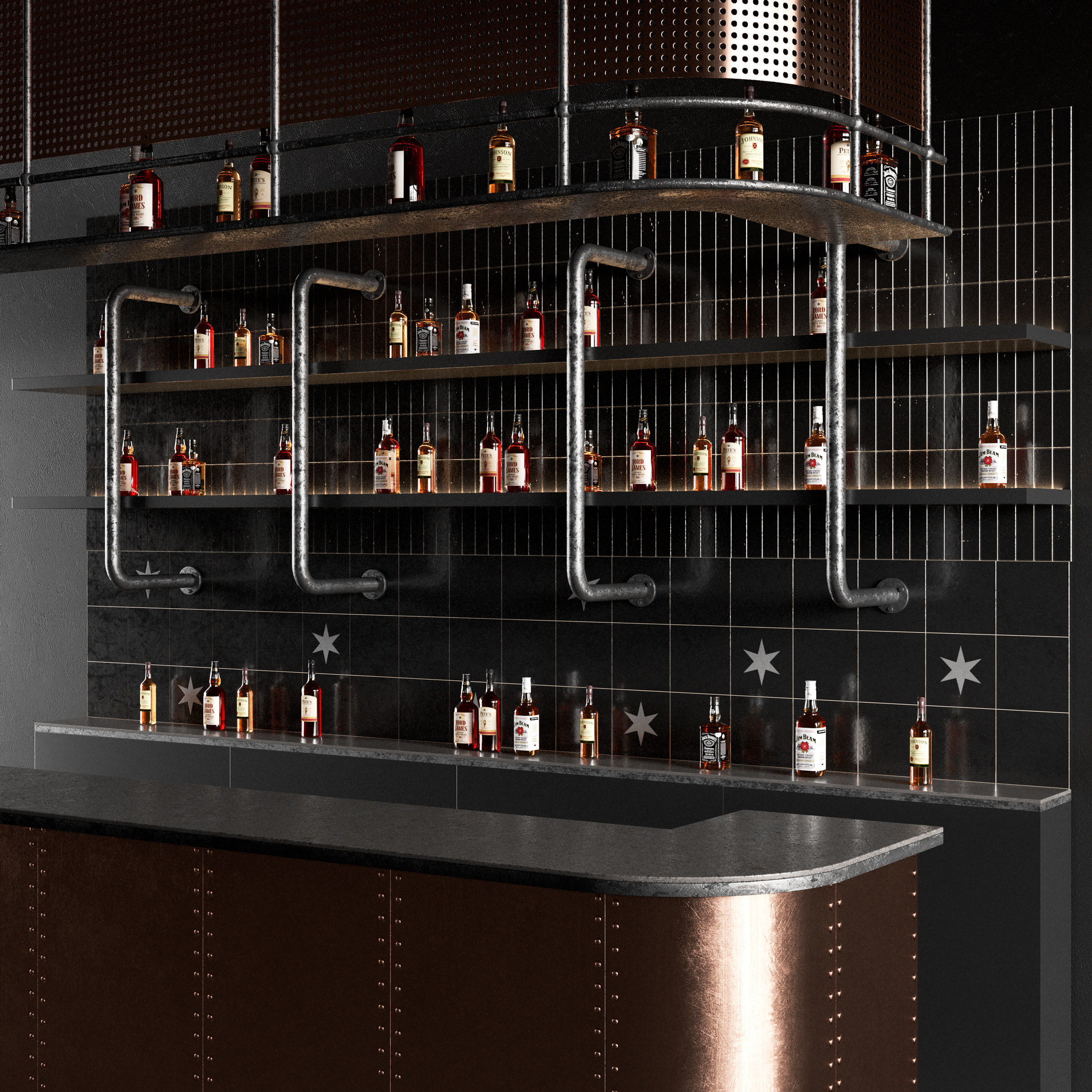 Bar Counter in Dark Colours with Bottles 3D model_2
