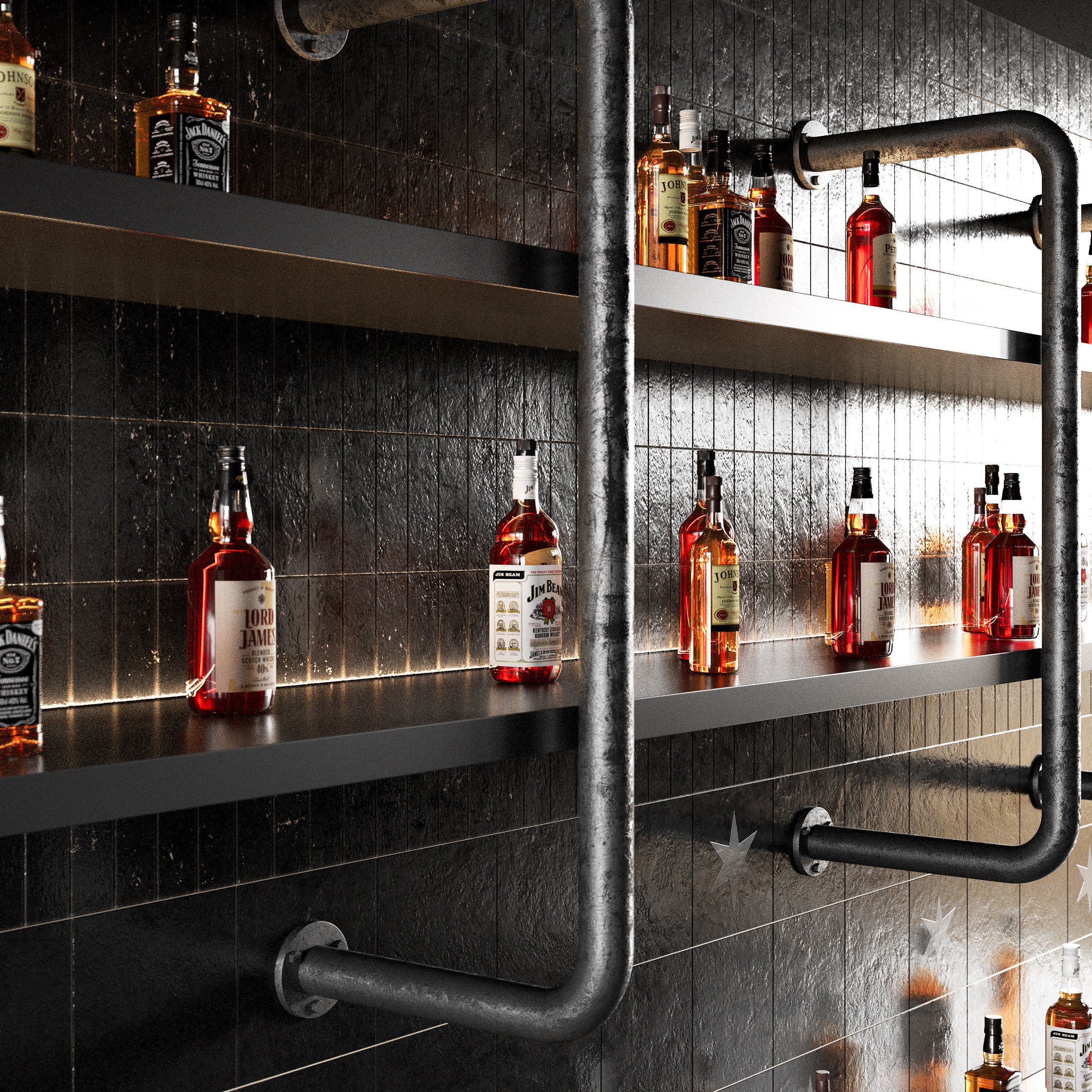 Bar Counter in Dark Colours with Bottles 3D model_8