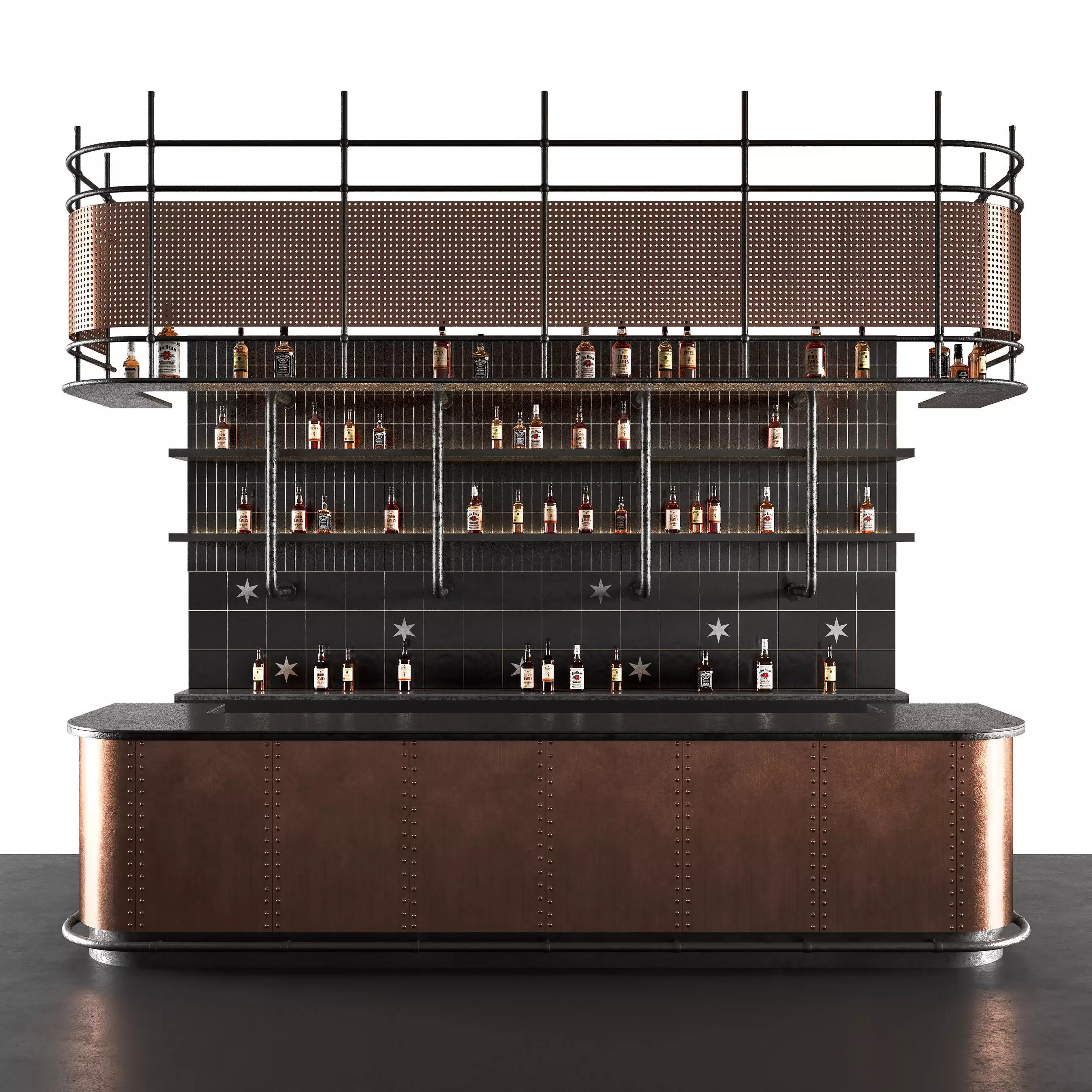 Bar Counter in Dark Colours with Bottles 3D model_0