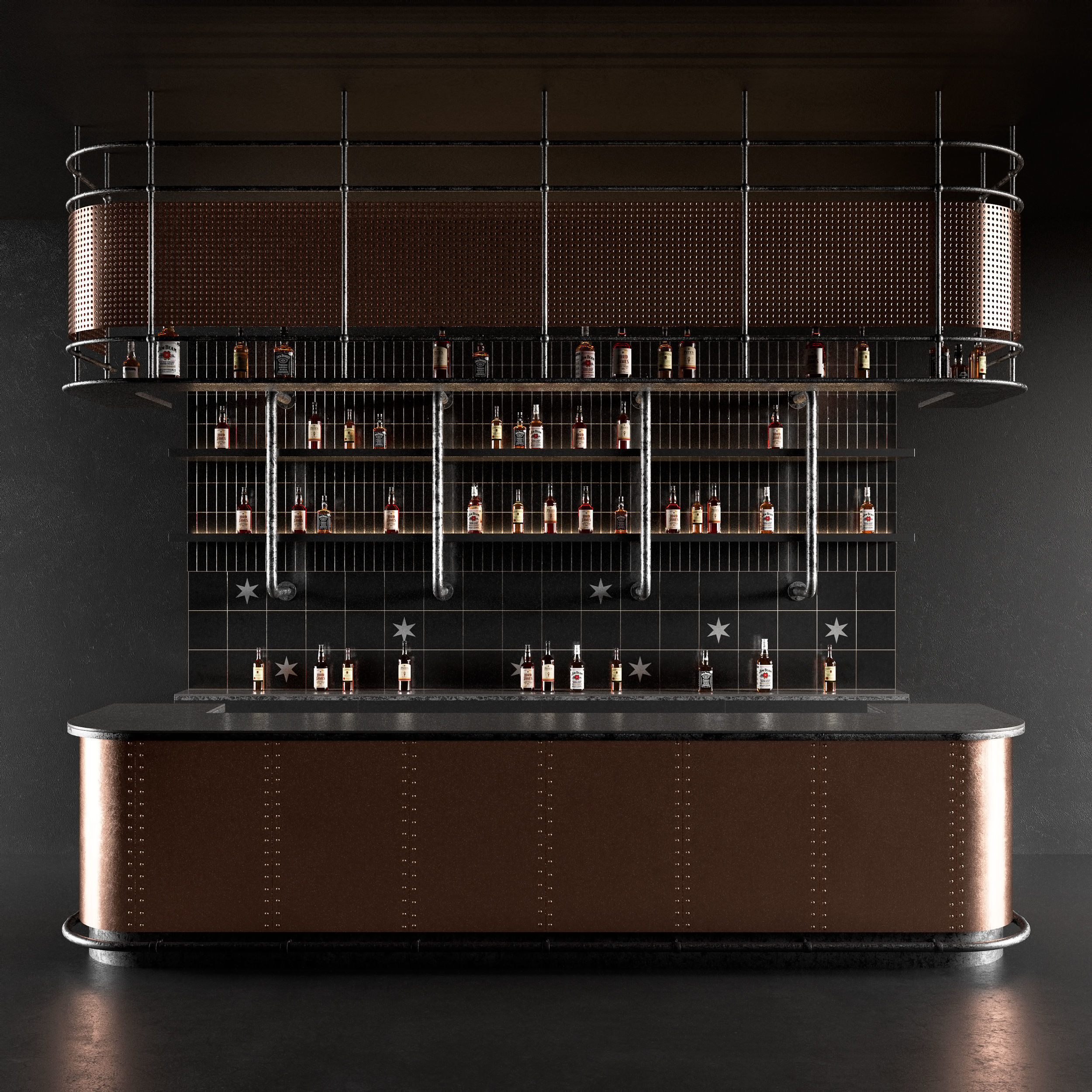 Bar Counter in Dark Colours with Bottles 3D model_7