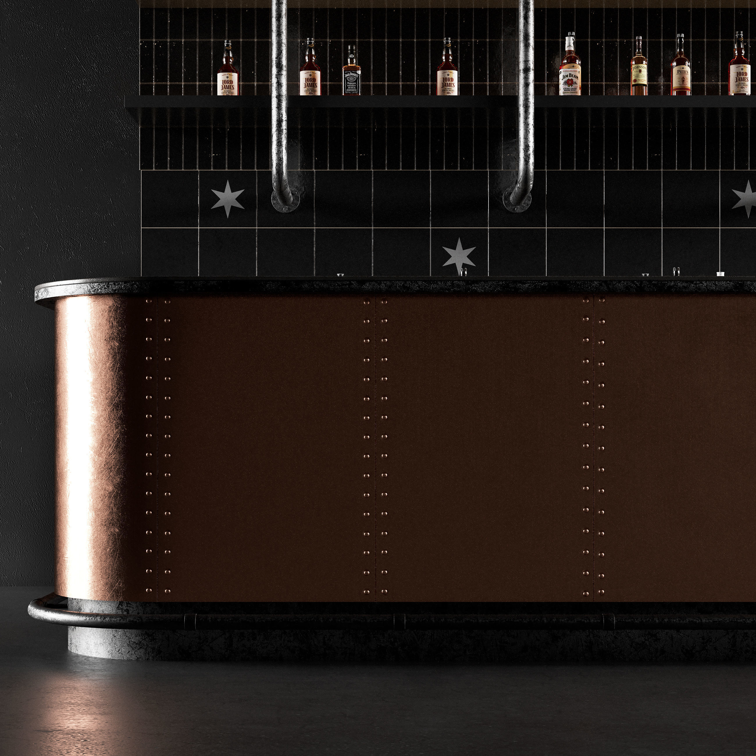 Bar Counter in Dark Colours with Bottles 3D model_3