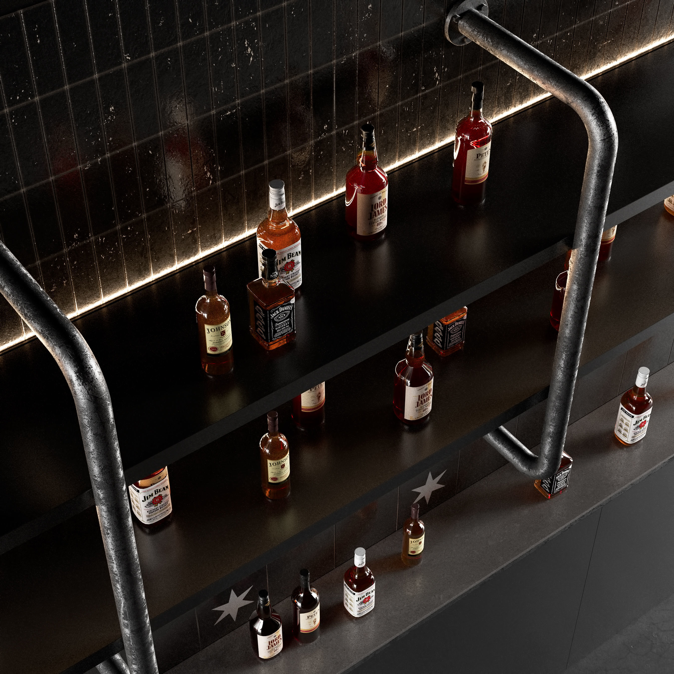 Bar Counter in Dark Colours with Bottles 3D model_4