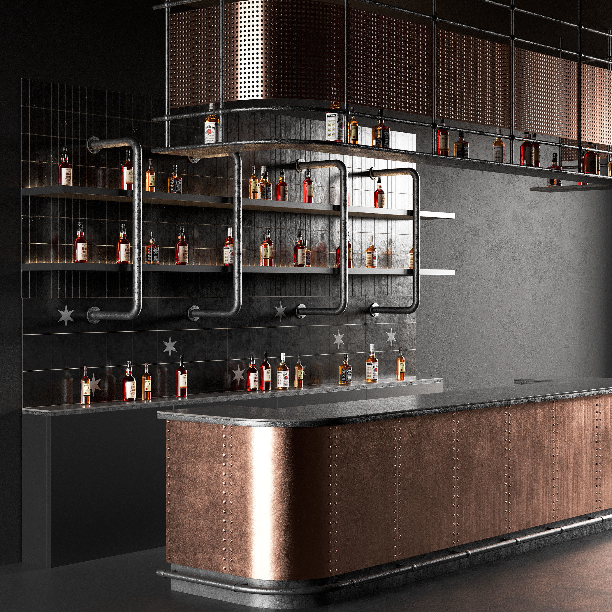 Bar Counter in Dark Colours with Bottles 3D model_1