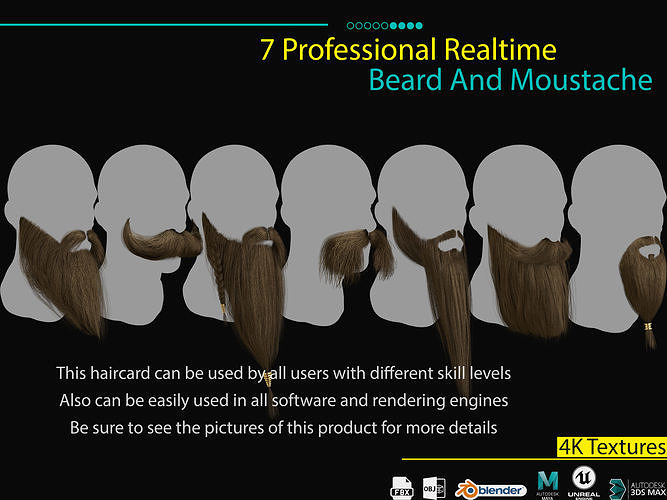 7 Professional Realtime Beard and Moustache Low-poly 3D model