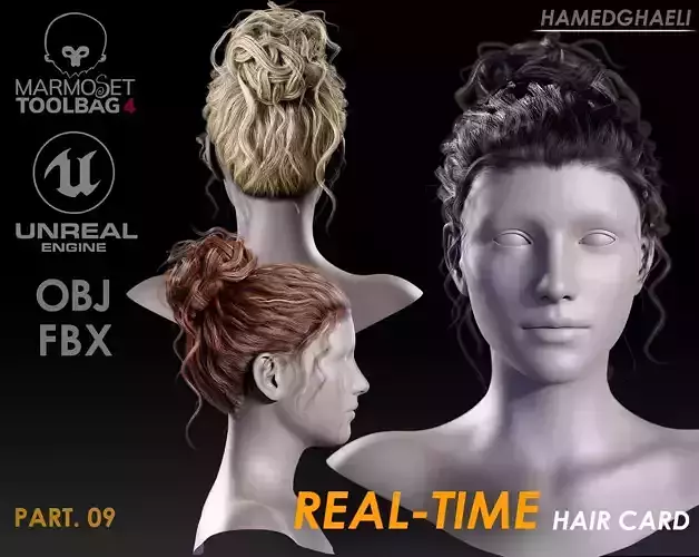 Real Time Hair Card Female Hairstyle part 09 Low-poly 3D model