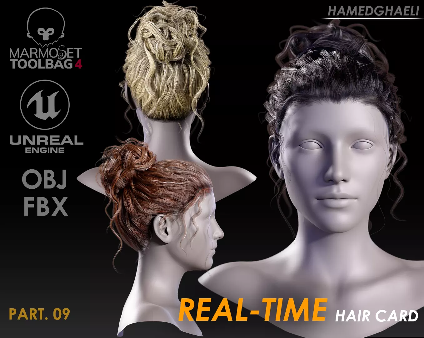 Real Time Hair Card Female Hairstyle part 09 Low-poly 3D model_0