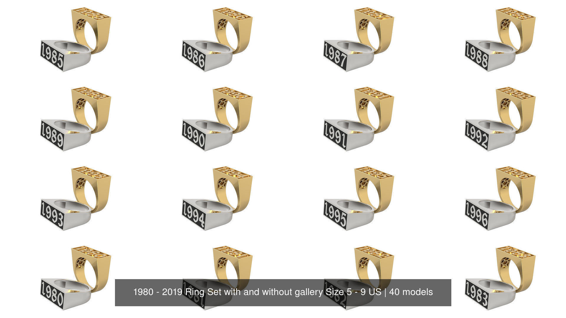 1980 - 2019 Ring Set with and without gallery Size 5 - 9 US 3D Model Collection_1