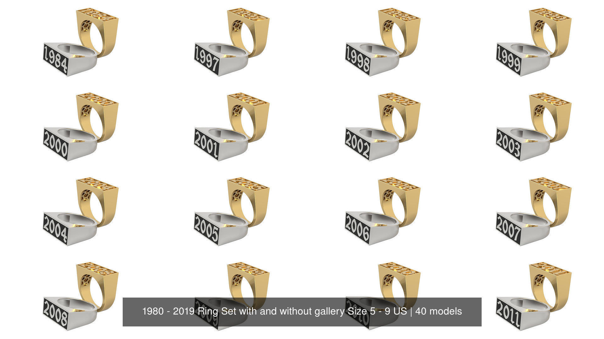 1980 - 2019 Ring Set with and without gallery Size 5 - 9 US 3D Model Collection_2