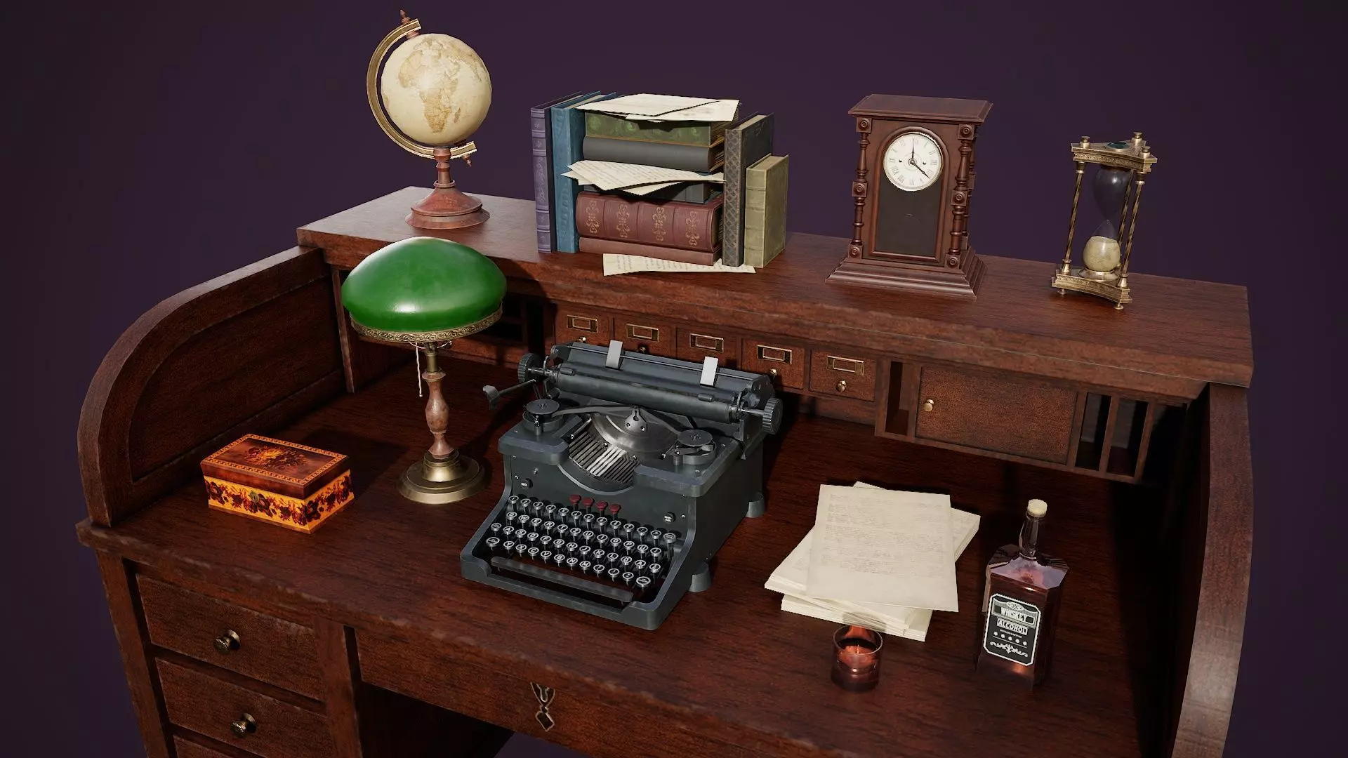 Antique Desk With Miscellaneous Low-poly 3D model
