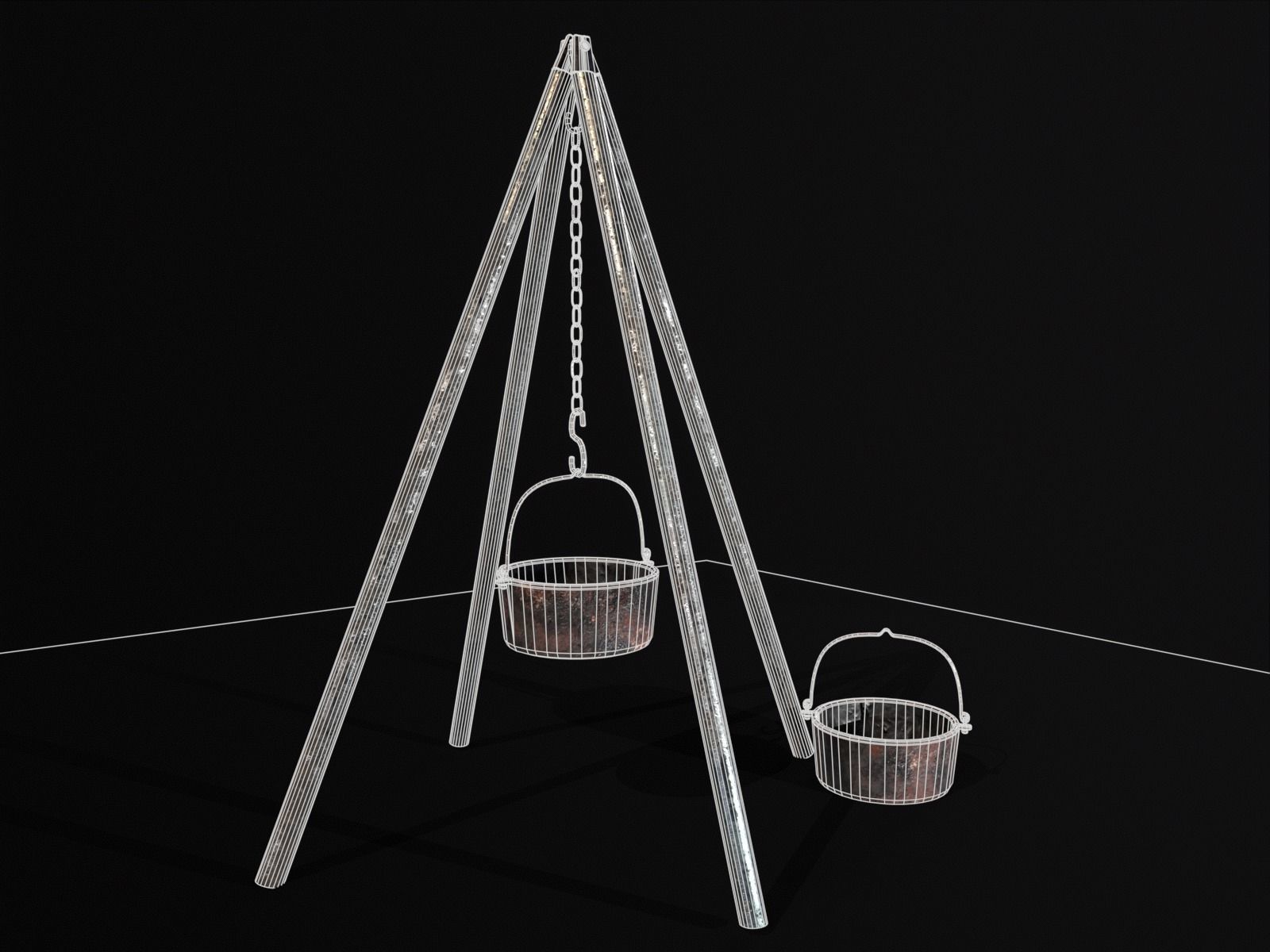 Old Medieval Iron Cooking Tripod with a Cooking Pot Low-poly 3D model_27