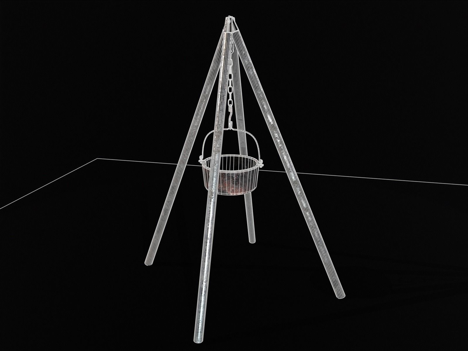 Old Medieval Iron Cooking Tripod with a Cooking Pot Low-poly 3D model_11