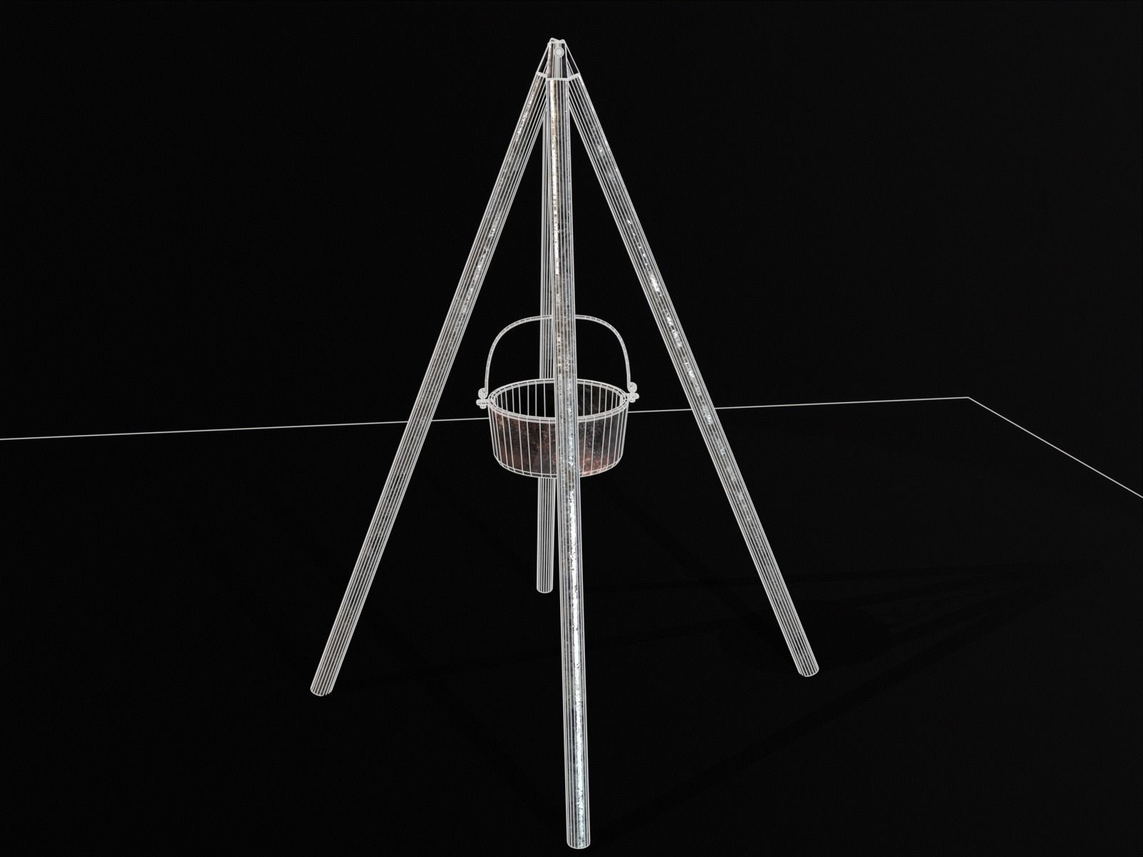 Old Medieval Iron Cooking Tripod with a Cooking Pot Low-poly 3D model_9