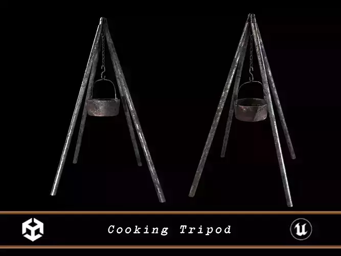 Old Medieval Iron Cooking Tripod with a Cooking Pot Low-poly 3D model