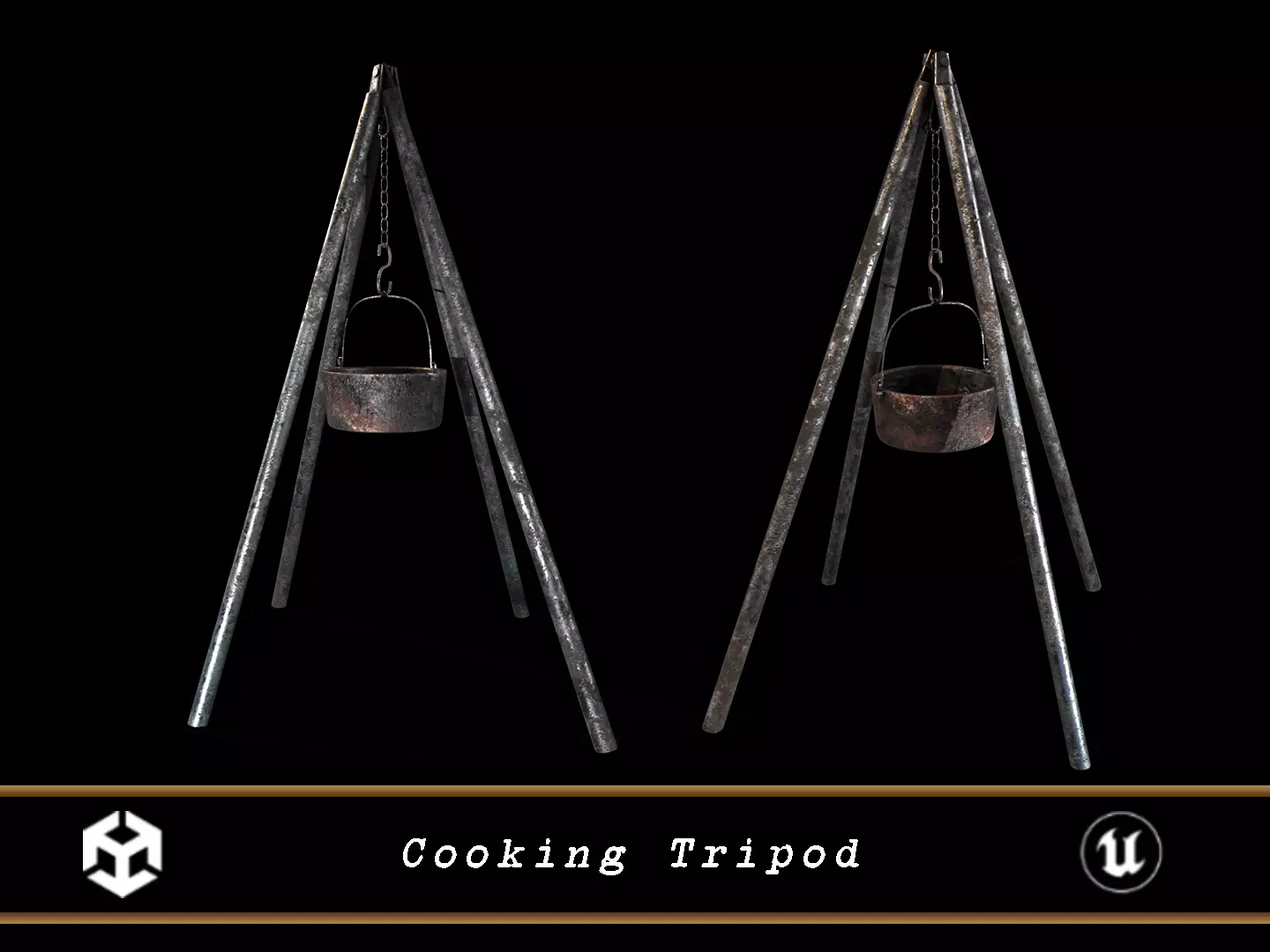 Old Medieval Iron Cooking Tripod with a Cooking Pot Low-poly 3D model_0