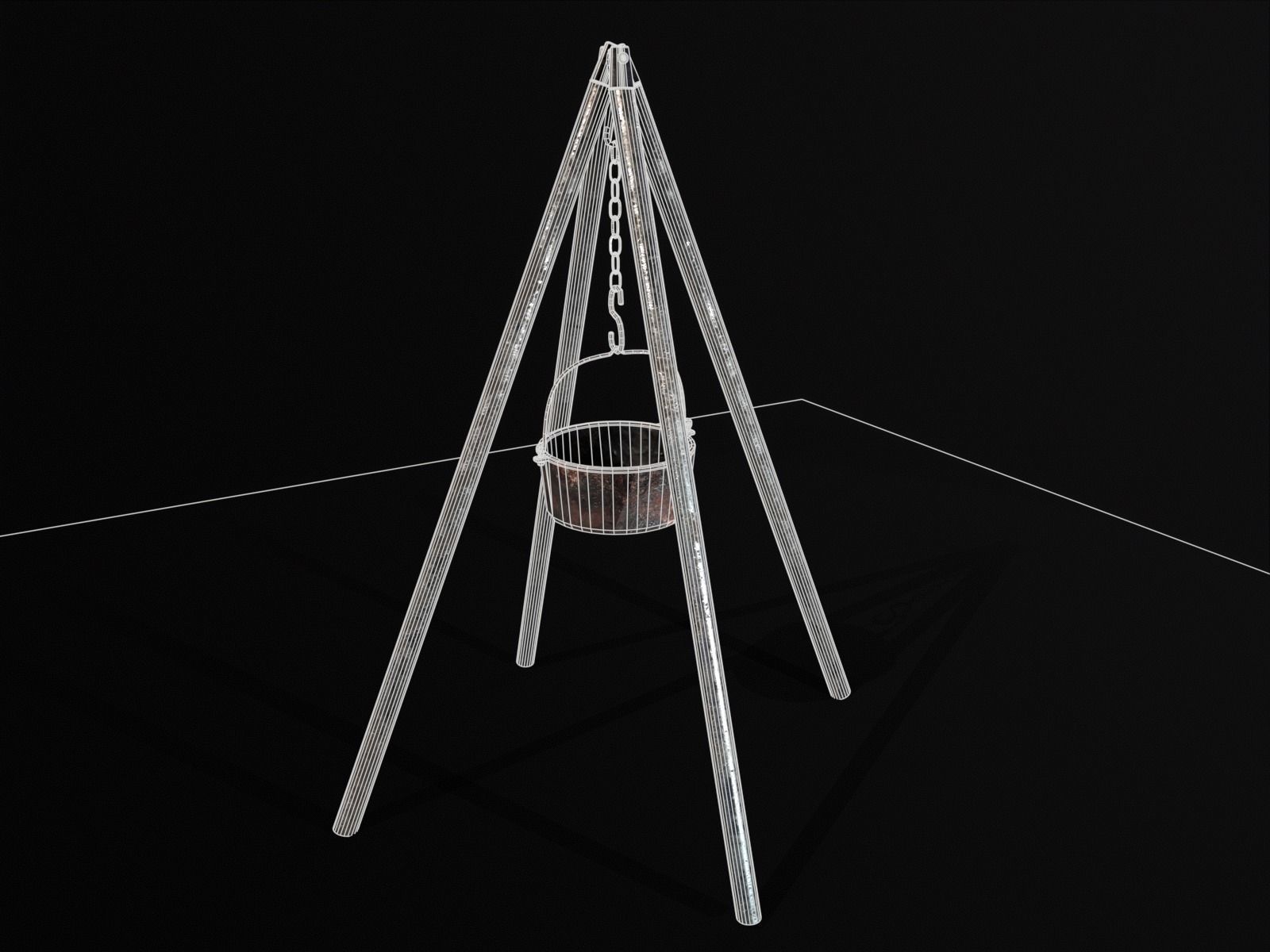 Old Medieval Iron Cooking Tripod with a Cooking Pot Low-poly 3D model_7