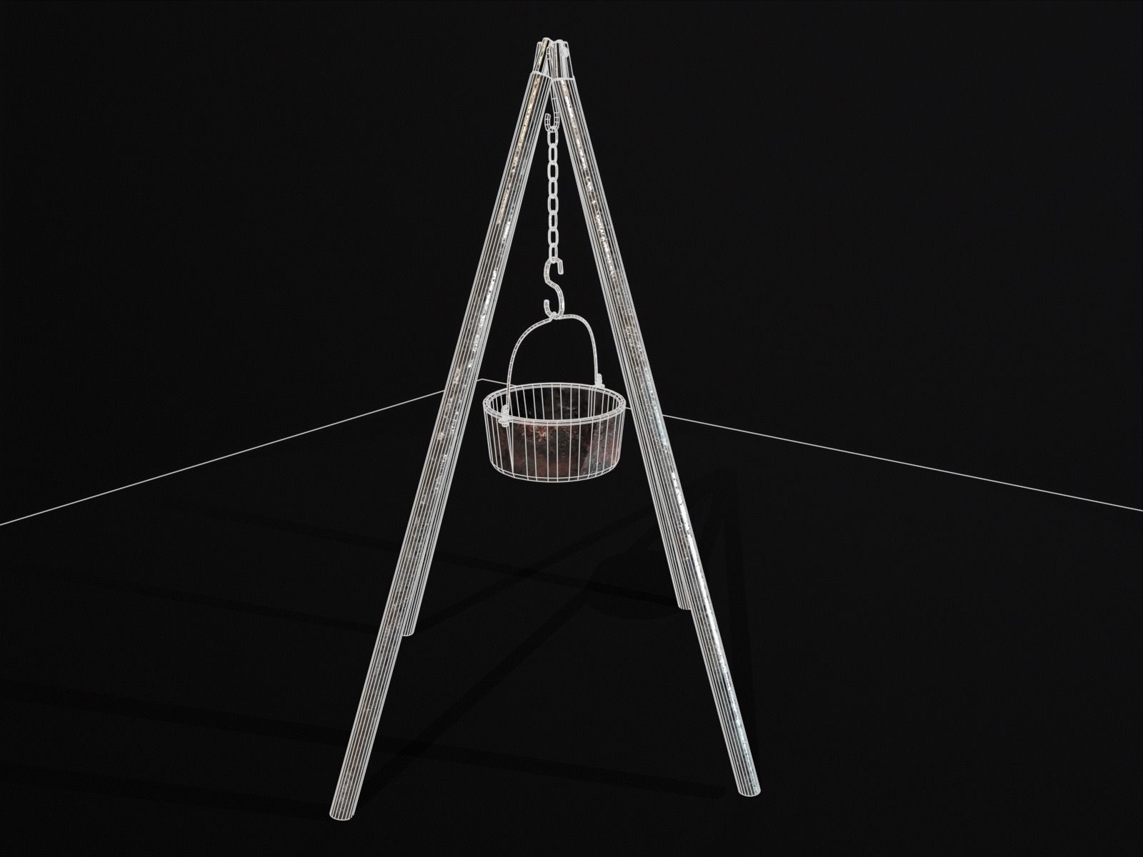 Old Medieval Iron Cooking Tripod with a Cooking Pot Low-poly 3D model_3